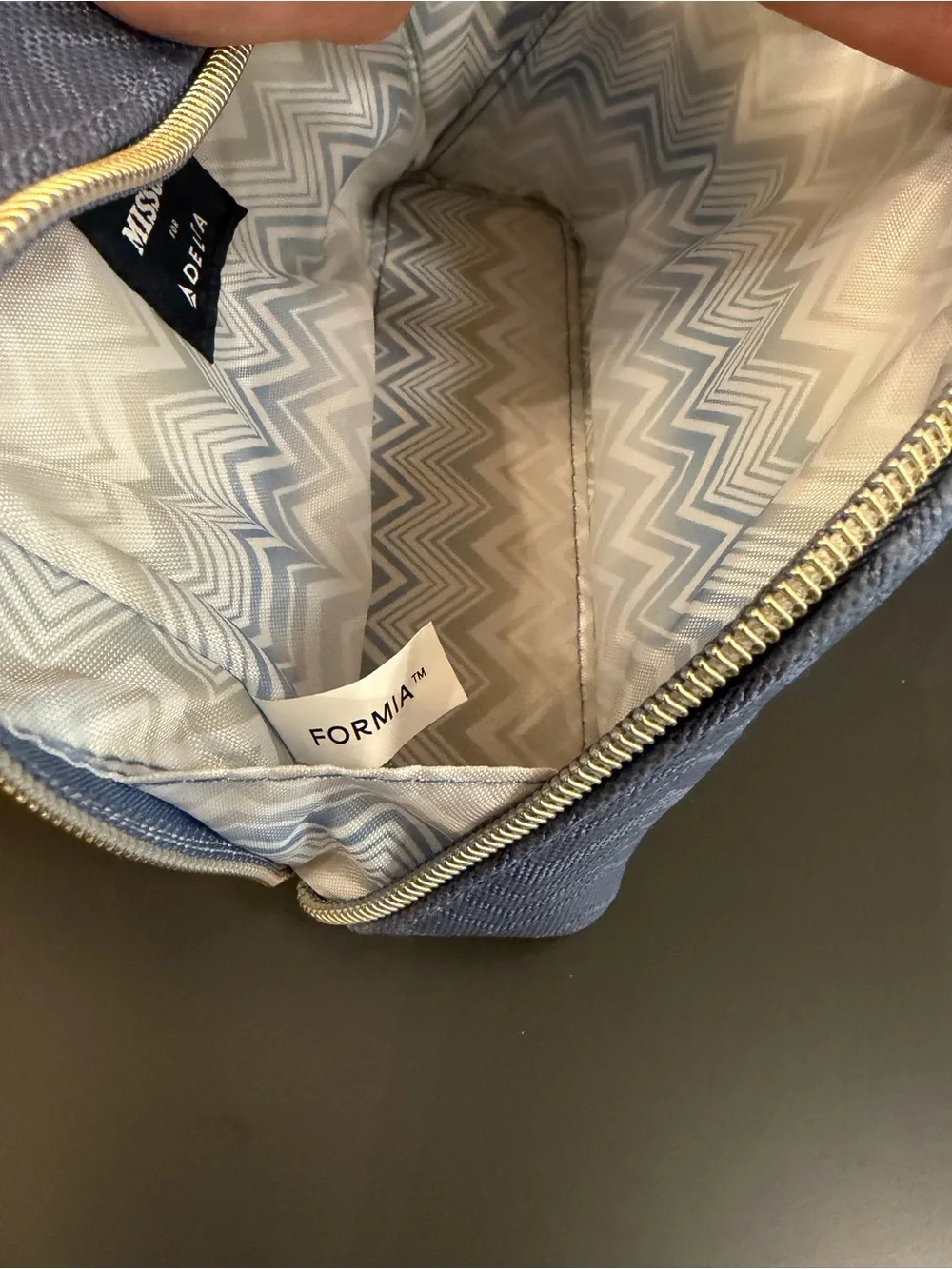 Missoni Delta Luxury Blue Chevron Gold Logo Travel Cosmetic Case Bag NWOT